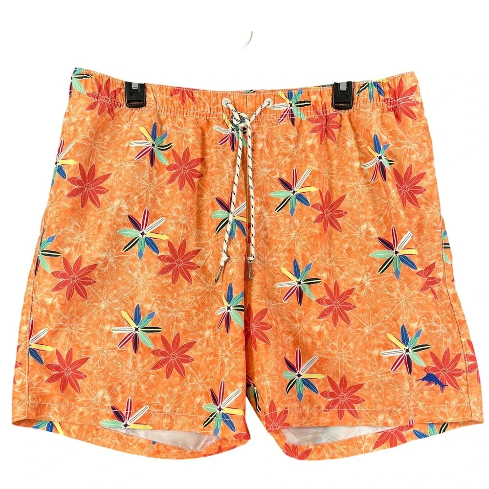 Tommy Bahama Swim Trunks Mens L Orange Floral Mesh Liner Beach Shorts